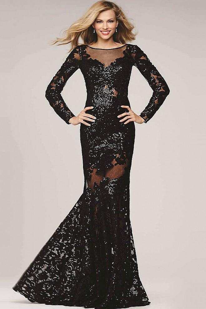 Jovani - Sequined Long Sleeve Illusion Bateau Neck Trumpet Dress 32607
