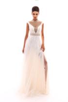 Tarik Ediz - 50285 Sheer Neckline Pearl Embellished Tulle Gown