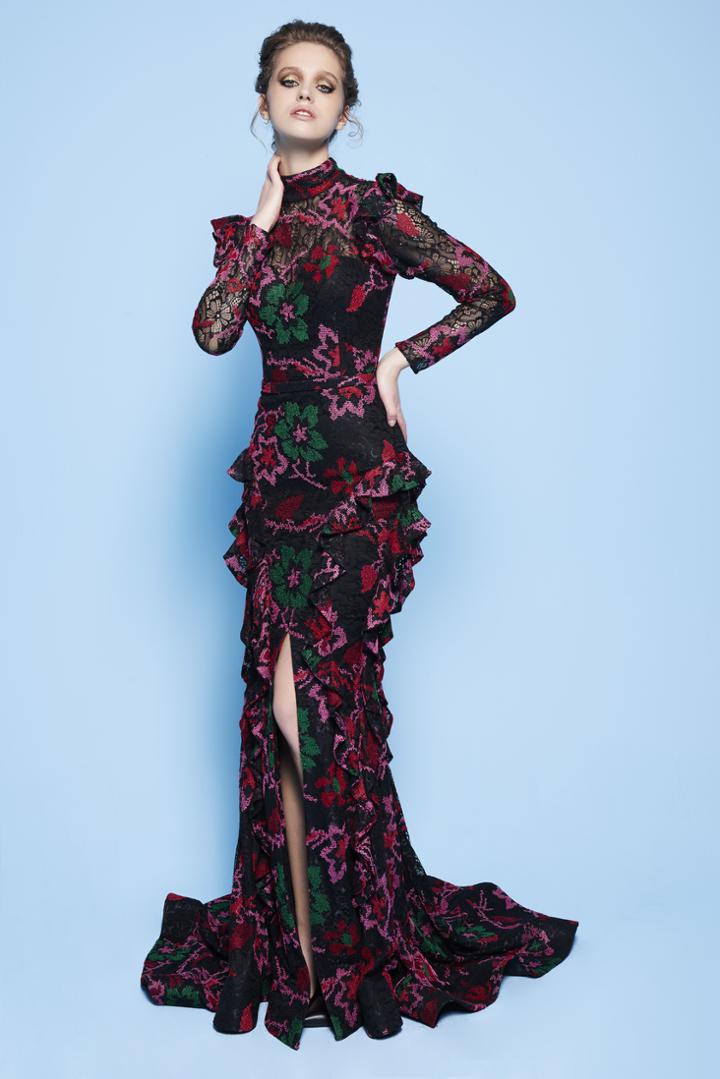 Mnm Couture - N0233 Multi-colored Lace Applique Dress With Train