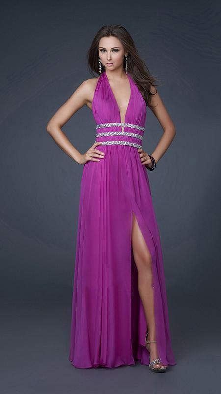 La Femme - Silver Embellished Ruched Halter Neck Chiffon A-line Gown 16123