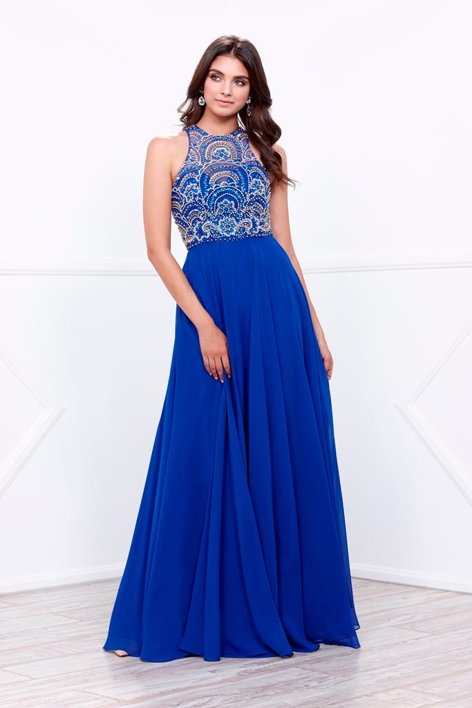 Sleeveless High Neck Beaded Bodice Long A-line Dress