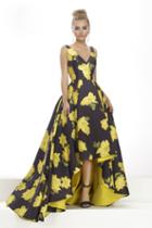 Janique - Ja2001 Wide V Neck Hi-lo Floral Ballgown