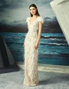 Mnm Couture - Feather Fringed Sheath Gown G0827