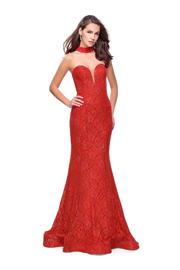 La Femme - 26261 Beaded Lace High Neck Trumpet Dress