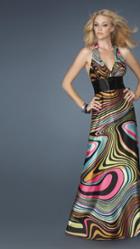 La Femme - Long Haltered Gown In Optical Multi-color Print 14369