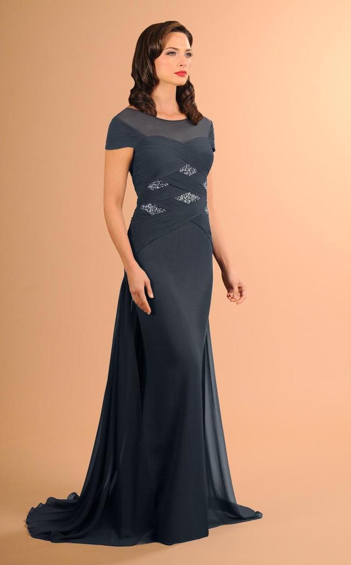 Daymor Couture - Ruched Cap Sleeve Sparkle Evening Gown 614