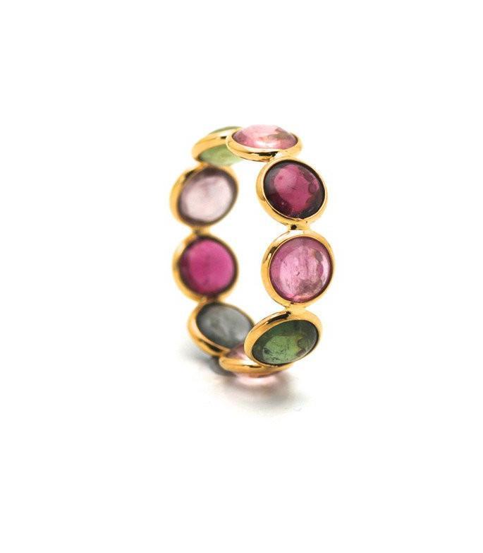 Tresor Collection - Multicolor Tourmaline Round Stackable Ring Band In 18k Yellow Gold