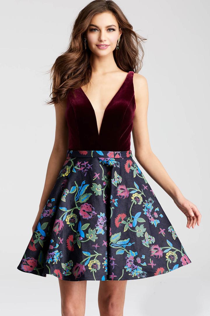 Jovani - Jvn54479 Velvet V-neck Multi-color Short Dress
