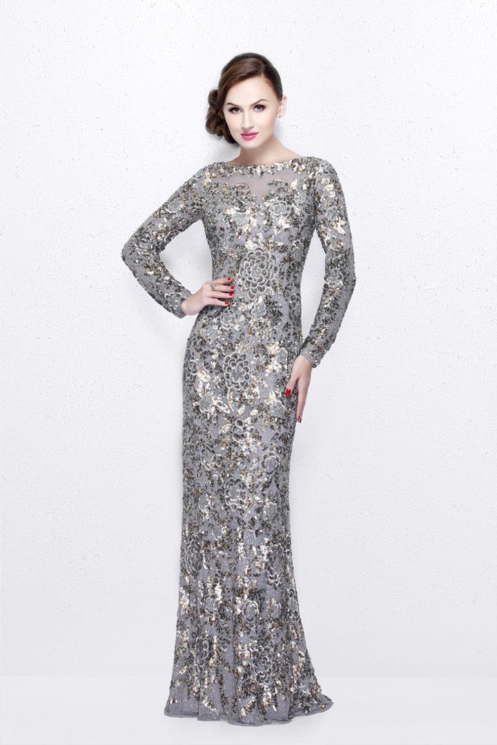 Primavera Couture - Long Sleeve Luxurious Floral Sequined Long Sheath Gown 1401