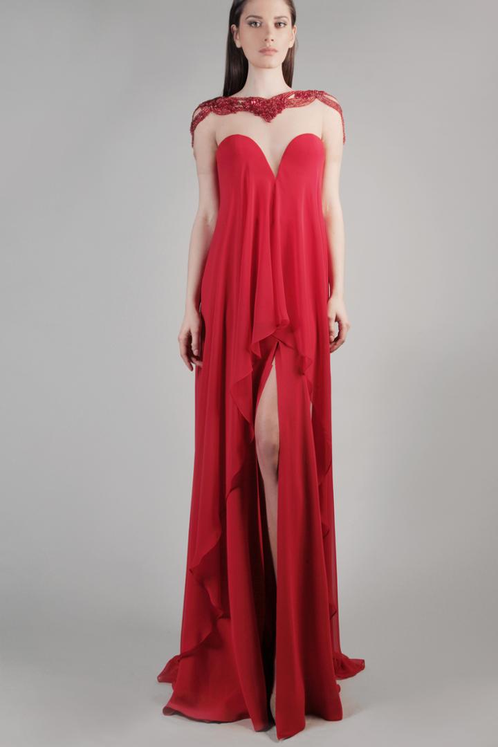 Beside Couture By Gemy - Cpf14 4075 Ornate Shoulder Drape Slit Gown