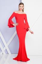 Terani Couture - 1721e4717 Off Shoulder Flounce Quarter Sleeves Dress