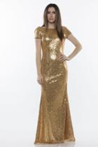 Milano Formals - E2482 Short Sleeve Sequined Cowl Back Gown