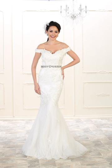 May Queen - Rq7492 Off Shoulder Floral Lace Appliqued Mermaid Gown