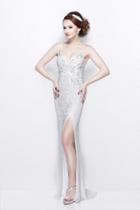 Primavera Couture - Sequined V-neck Sheath Gown With Crisscrossed Straps 1818