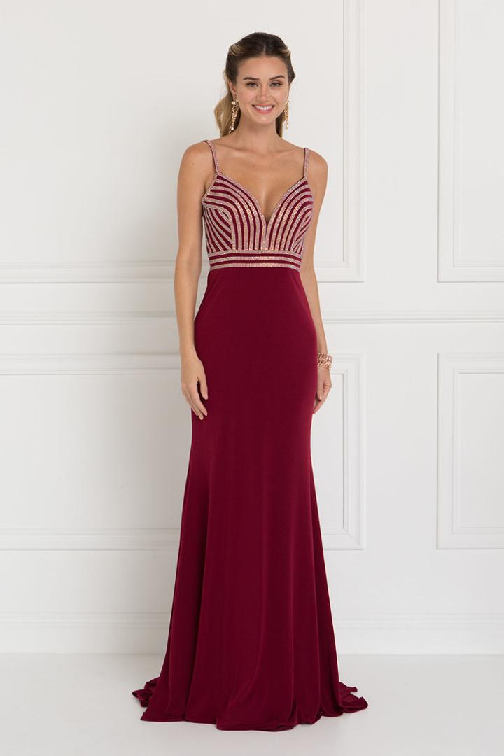 Elizabeth K - Gl1562 Beaded V-neck Jersey Sheath Dress