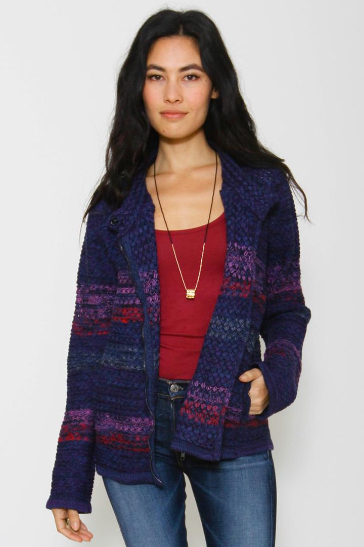 Goddis - Monroe Asymmetrical Zip Knit Jacket In Indigo Fade