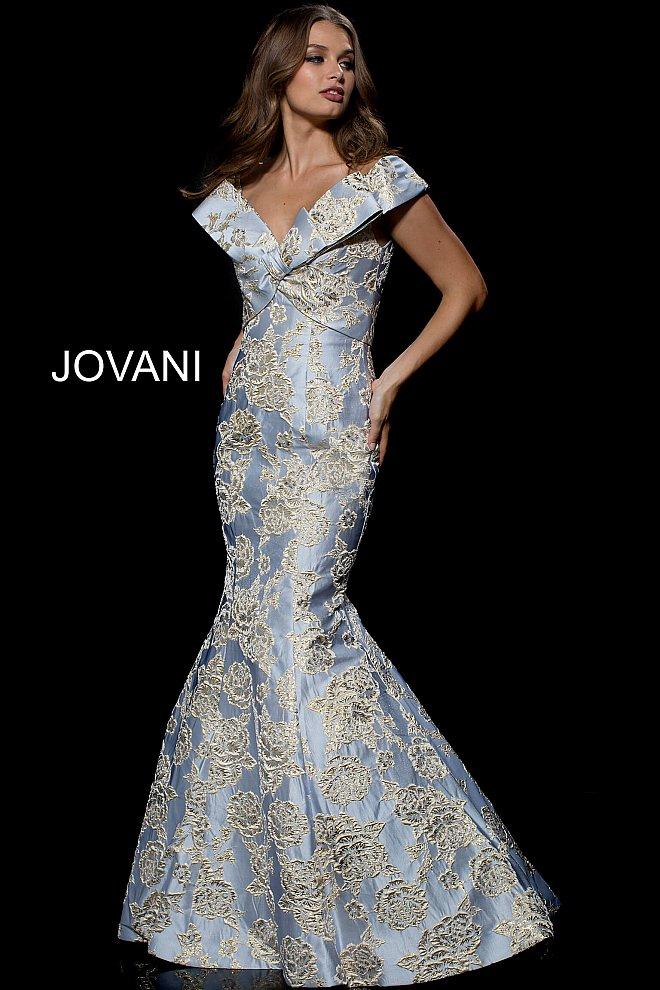 Jovani - 39724 Off-shoulder/v-neck Brocade Mermaid Dress