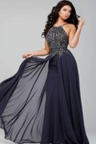 Jovani - Beaded Illusion High Neck Chiffon A-line Gown 33851
