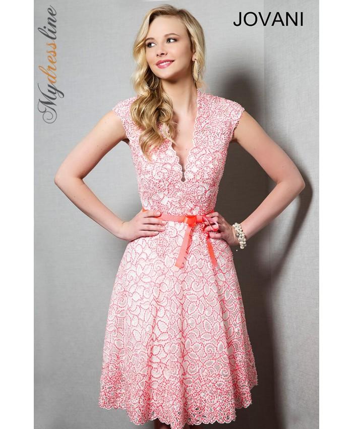 Jovani - 98439 Floral Beaded Deep V-neck A-line Dress