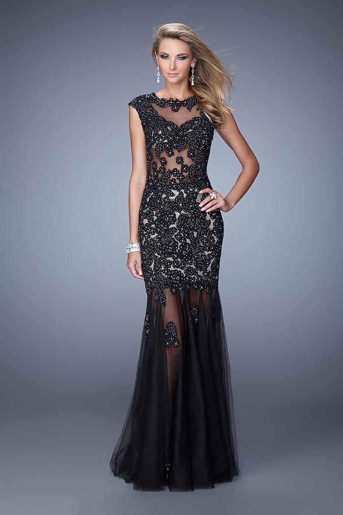 Gigi - 21318 Embellished Illusion Bateau Trumpet Dress