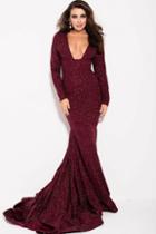 Jovani - 59700 Long Sleeve Deep V-neck Mermaid Dress