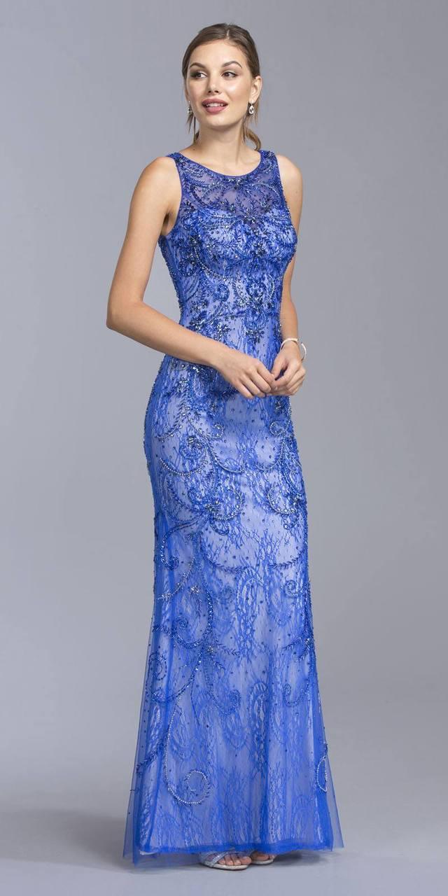 Aspeed - L1940 Embellished Bateau Neck Sheath Evening Dress