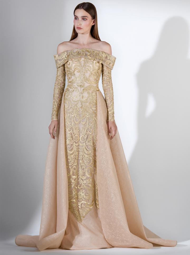 Saiid Kobeisy - 3411 Off Shoulder Long Sleeves Gown With Overskirt