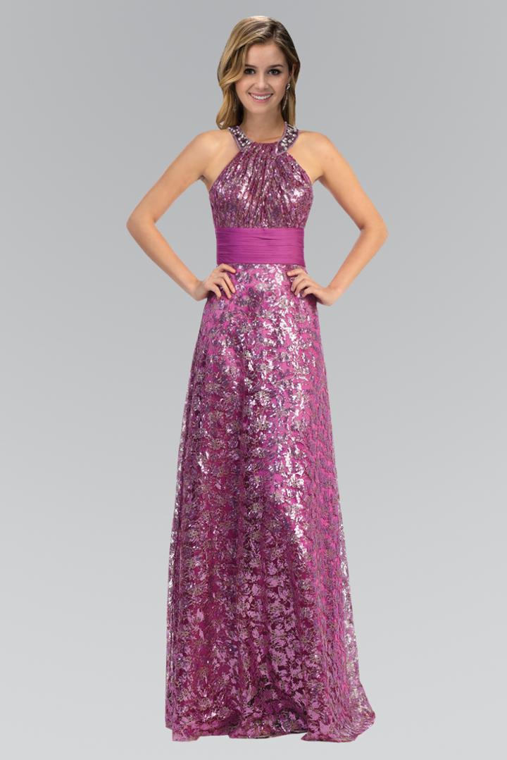Elizabeth K - Metallic Lace Halter A-line Gown Gl1064