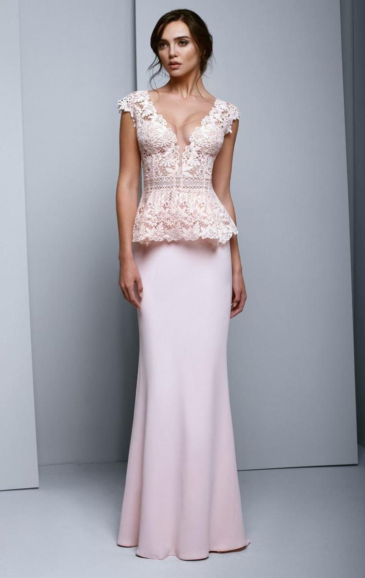 Beside Couture By Gemy - Bc1305 Guipure Lace Peplum Sheath Gown
