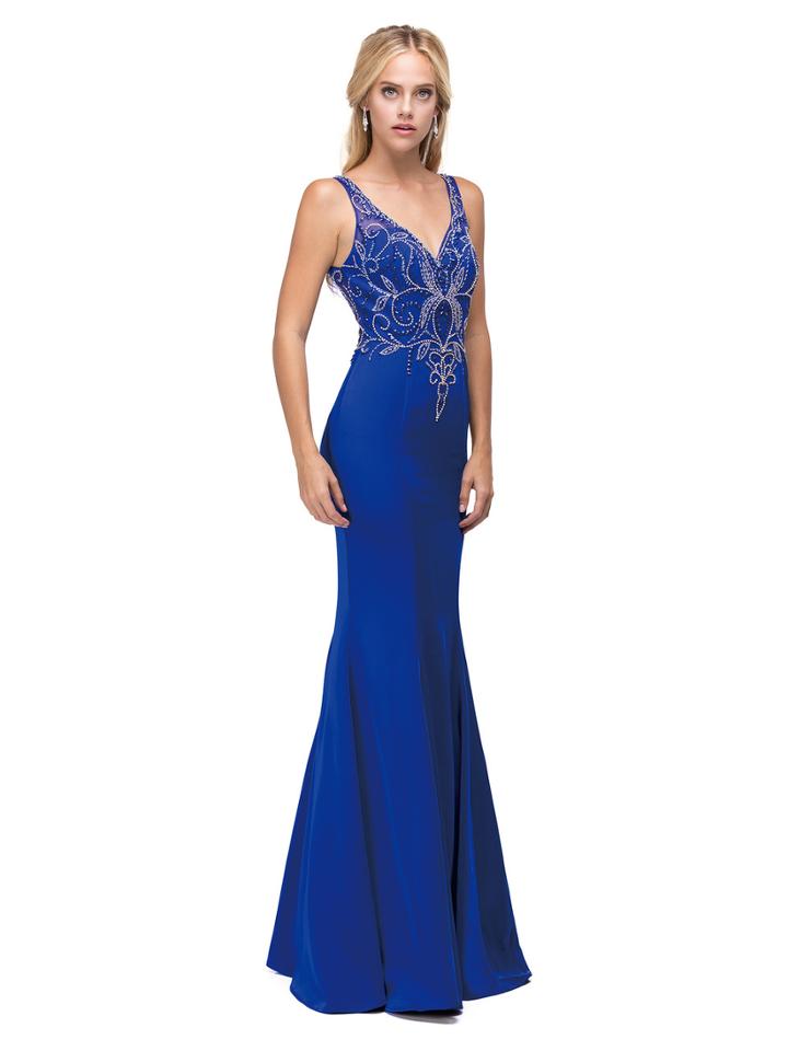 Long V-neck Beaded Bodice Prom Dress