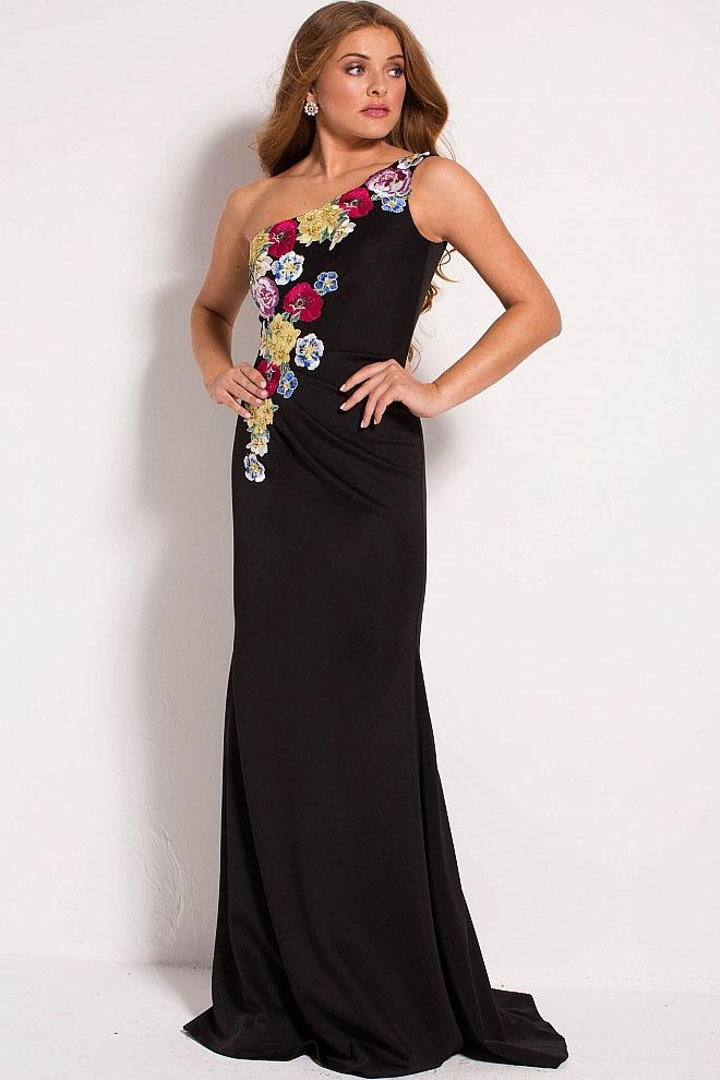 Jovani - 54421 Floral Applique Asymmetric Jersey Sheath Dress