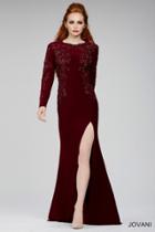 Jovani - 99314 Long Sleeve Appliqued High Slit Jersey Gown