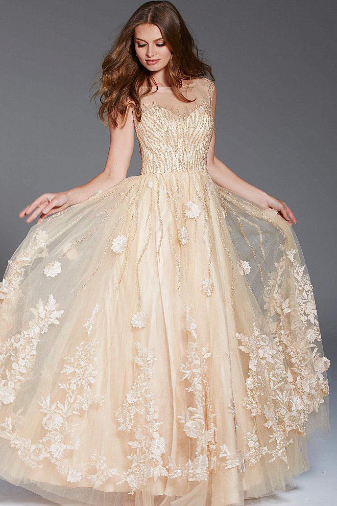 Jovani - 56007 Embellished Floral Applique Illusion Bateau Ballgown