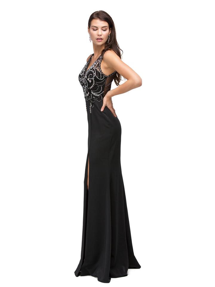 V-neck Beaded Bodice Illusion Back Long Prom Dress