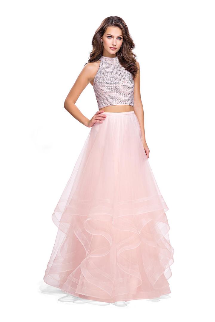 La Femme - 26077 Two-piece Bejeweled High Halter Tulle Cascade Gown