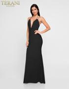 Terani Couture - 1812b5423 Plunging V-neck Low Cut Sheath Gown