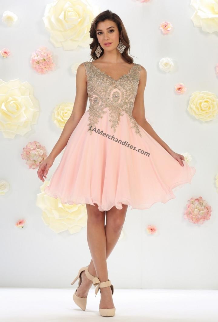 May Queen - Mq-1417 Embellished V-neck A-line Dress
