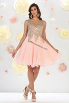 May Queen - Mq-1417 Embellished V-neck A-line Dress