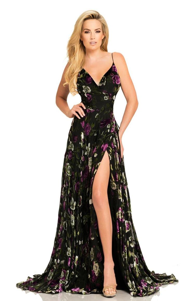 Johnathan Kayne - 8021 Deep V-neck Chiffon/velvet A-line Dress