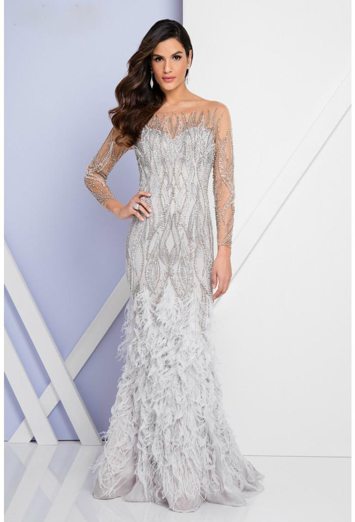 Terani Evening - 1721gl4449 Beaded Long Sleeves Feather Fringed Gown