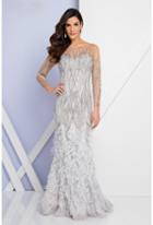 Terani Evening - 1721gl4449 Beaded Long Sleeves Feather Fringed Gown