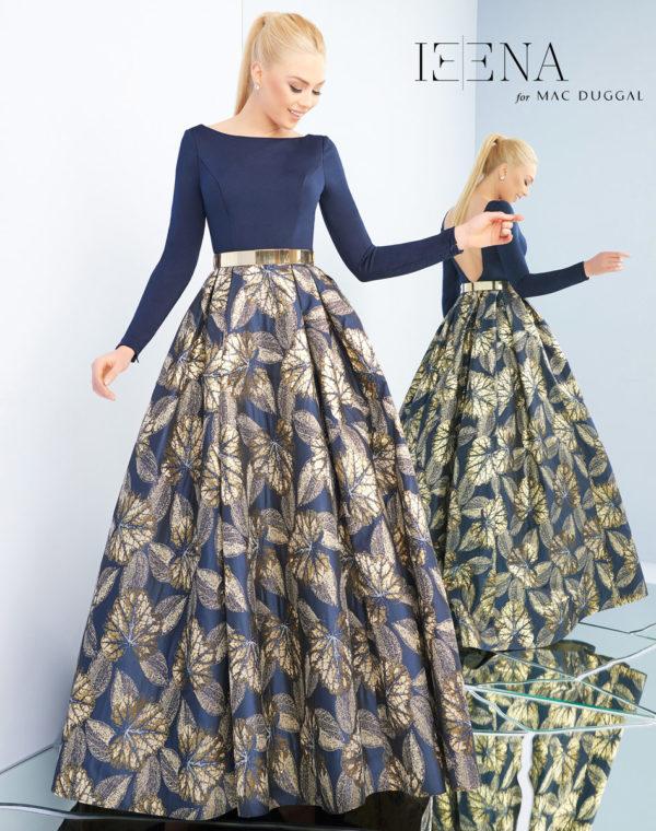 Ieena Duggal - 25950i Golden Leaf Bateau Long Sleeves Ballgown