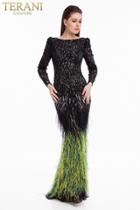 Terani Couture - 1821gl7451 Sequined Long Sleeve Feathered Dress