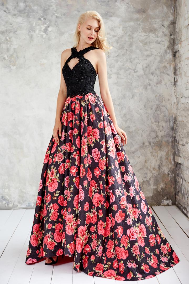 Angela & Alison - 71096 Embellished Halter Floral A-line Dress