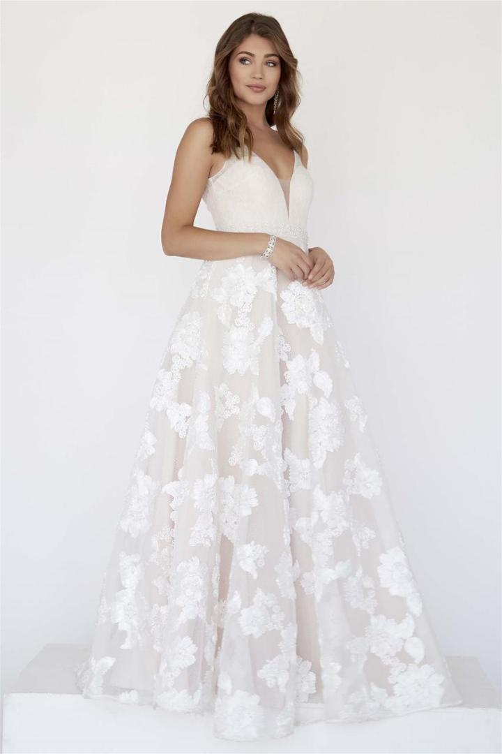 Jolene Collection - 18117l Beaded Lace Plunging V-neck A-line Dress