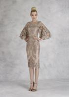 Janique - W2068 Quarter Tulip Sleeves Lace Appliqued Sheath Dress