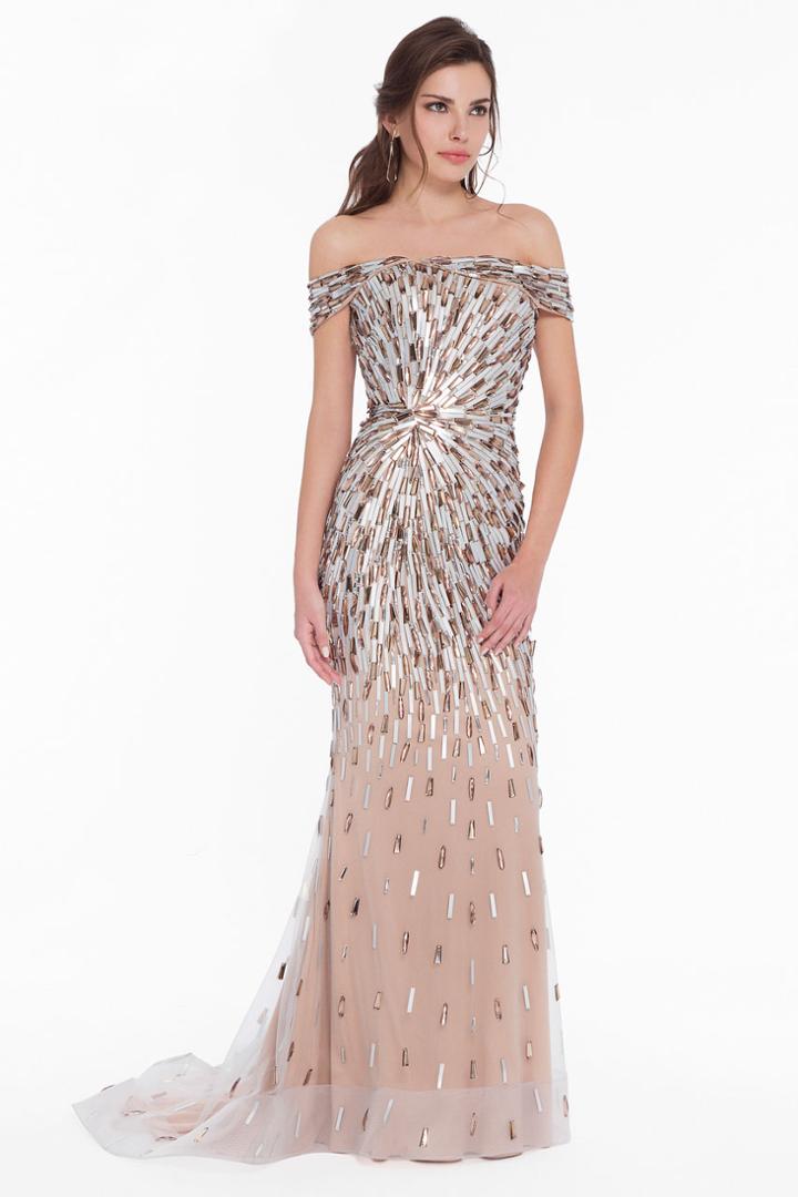 Terani Couture - 1823gl7540 Metallic Rectangle Embellished Sheath Gown