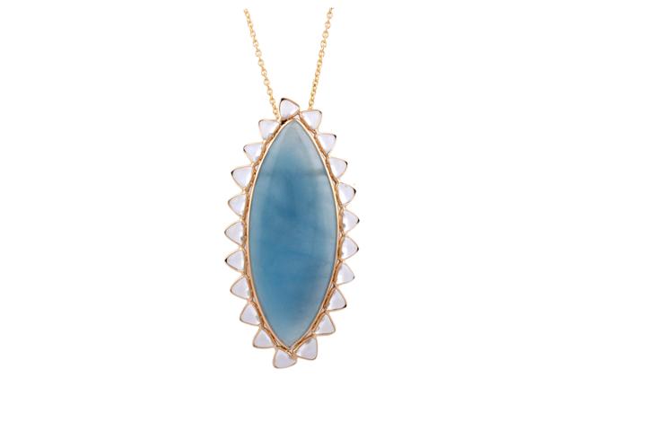 Tresor Collection - Aquamarine Mq. & Rainbow Moonstone Trilliant Pendant In 18k Yg