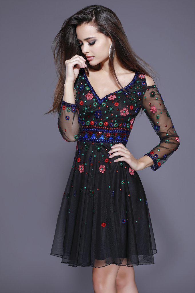 Shail K - 21205 Embellished Long Sleeve Cutaway Cocktail Dress