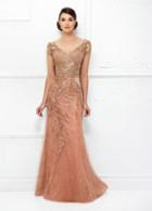 Ivonne D For Mon Cheri - 118d13 Lace Embroidered Wide V-neck Dress